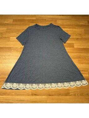 Women's Blue Solid Shift Short Sleeve Short Dress, Lace Hem, Round Neck, M